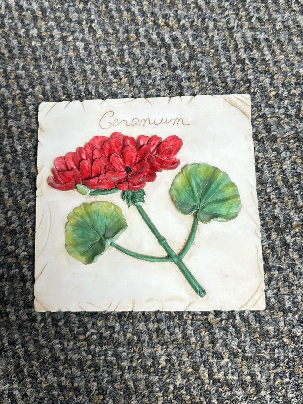 Handcrafted Red Geranium Relief Wall Plaque - Mixed Media Floral Art